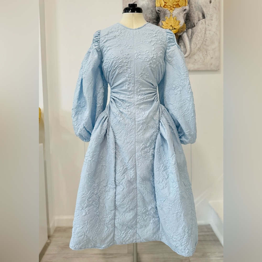 CECILIE BAHNSEN Sade Jacquard Cut Out Midi Dress in Mist Blue - Picture 3 of 14